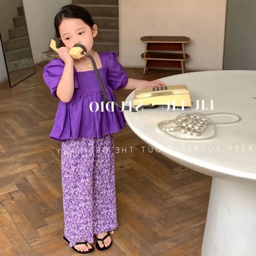 Teenage Girls Summer Suit Fashion Bubble Sleeve Top Wide Leg Pants 2Piece Girls Short Sleeve Shirt Children\'s Baby Clothes Set