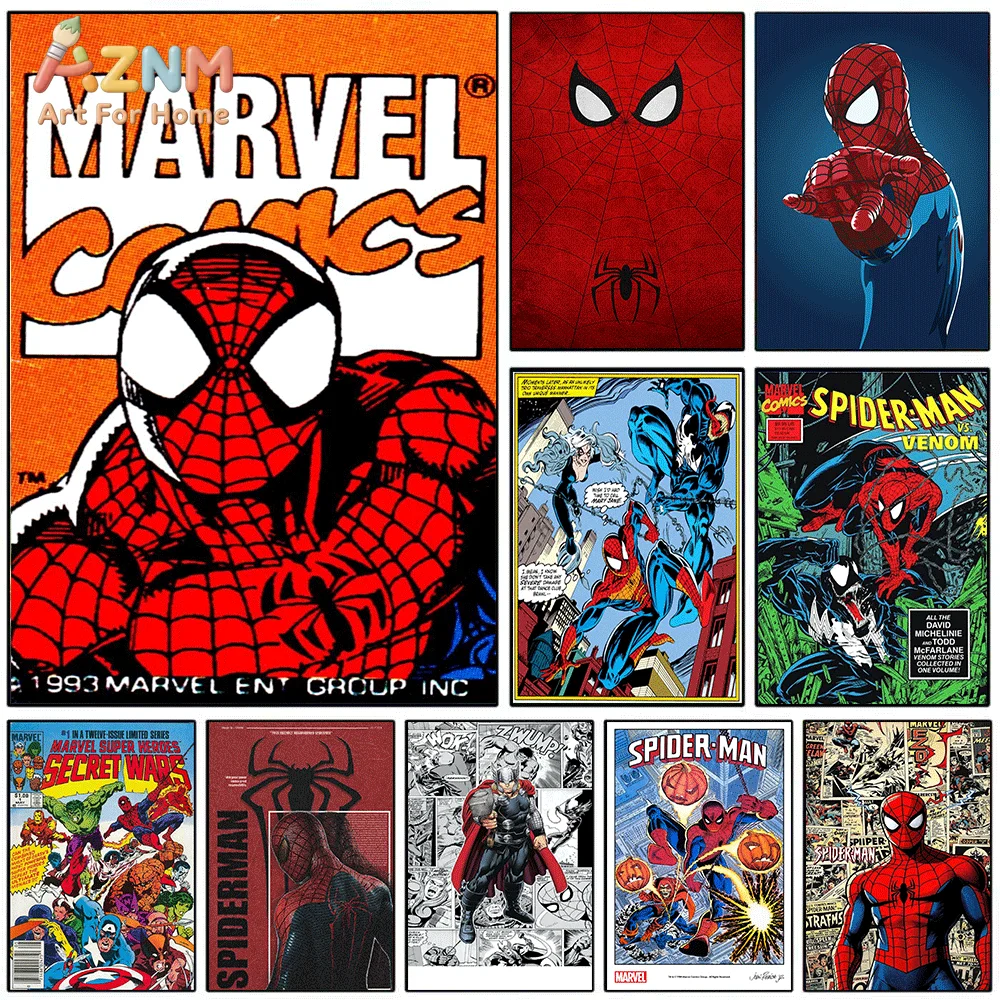 AZNM Spiderman Close-Up Marvel Comics, Impresión en Lienzo de Portada Vintage, Póster Artístico de Personaje de Cómic Retro, Sin Marco