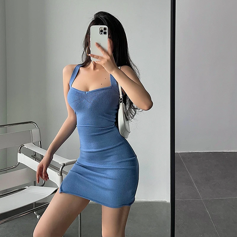 

Sexy Tight Cross Back Dress Knitted Bodycon Skirt Short Skirt Younggirlday Summer No Sleeve Women's Fashion Dress
