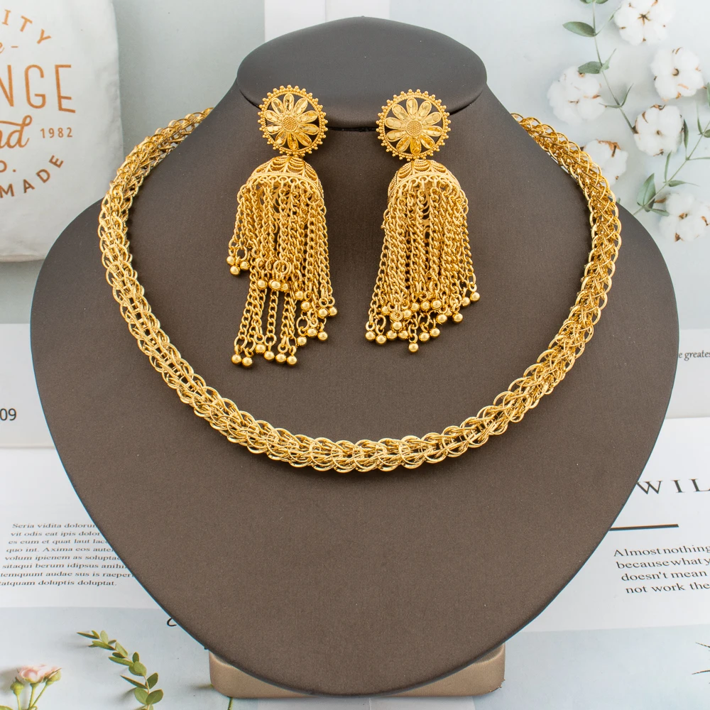 Fashion Tassel Earrings Jewelry Set for Women Dubai Indian Gold Color Lady Chain Necklace Drop Earrings Bridal Wedding Jewelry