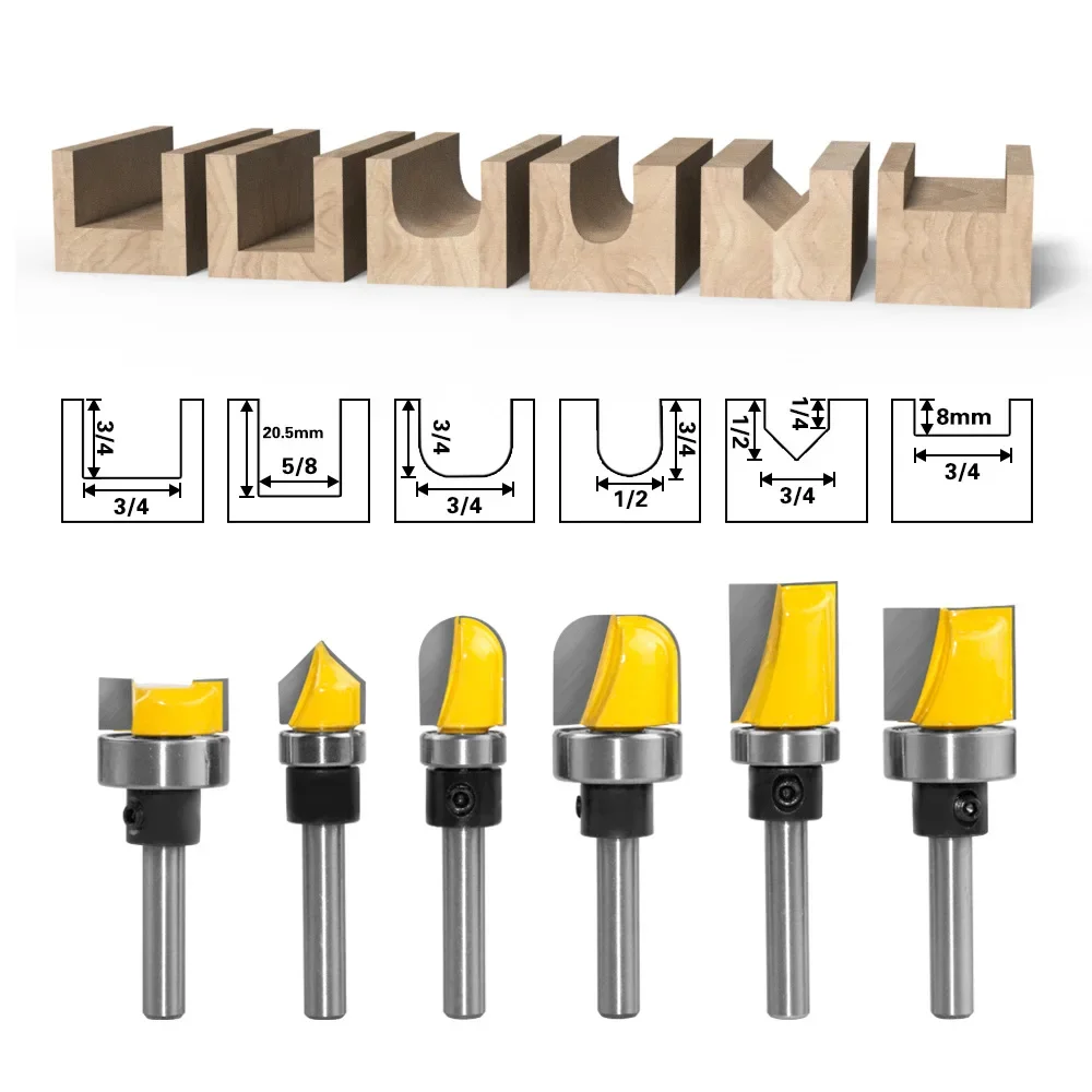 6mm Shank Slotting Cutter Router Bit 1/2 3/4 Round Nose V Shape Milling Cutter with Bearing for Woodworking Cleaning Bottom Bit