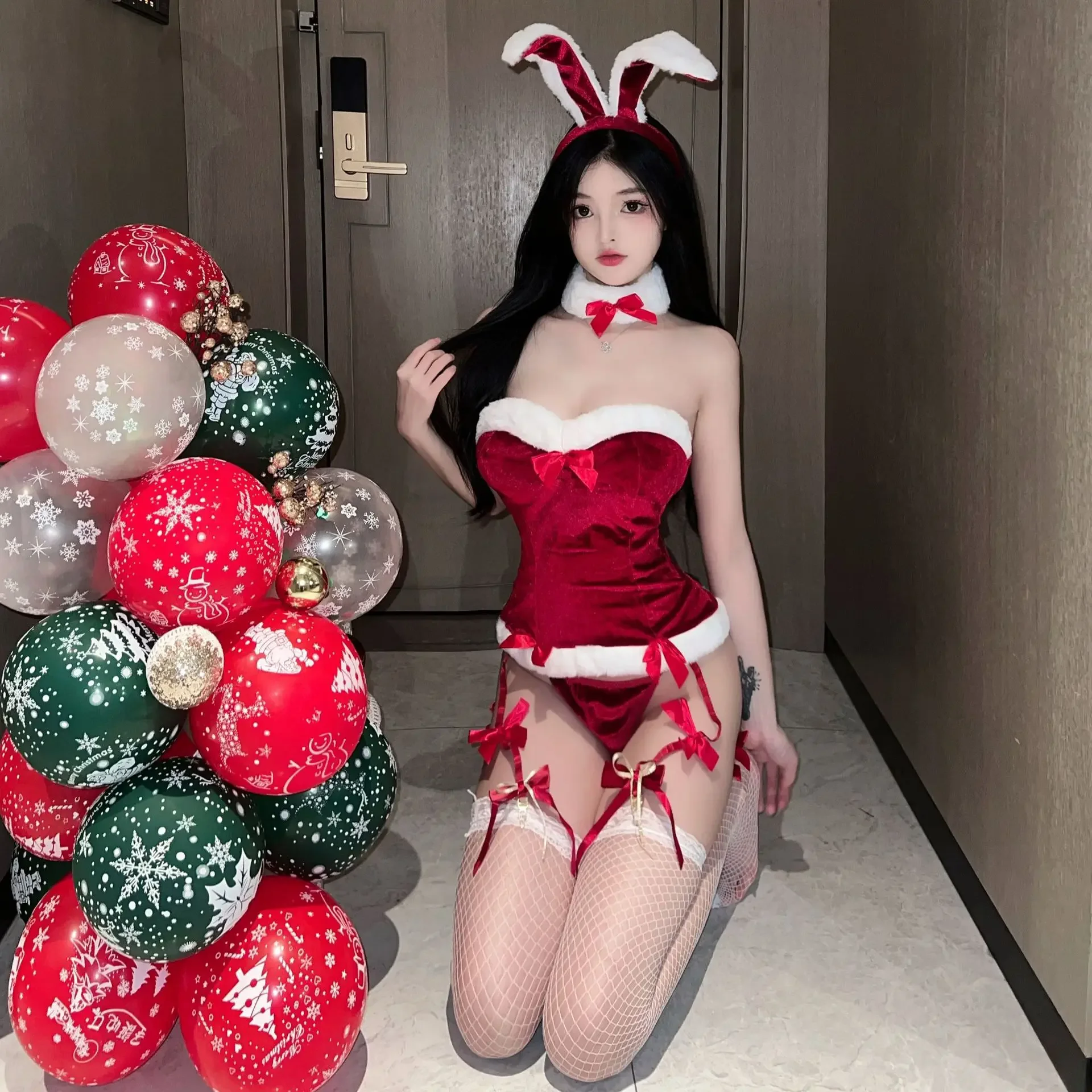 Rote Weihnachtshase-Dessous für Damen, erotisches Dienstmädchen, Cosplay, weicher Plüsch, Dating, Flirten, Kostüme, japanische Anime-Kaninchen-Uniform 2024