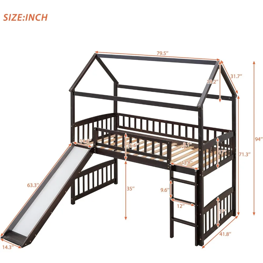 Twin Size Loft Bed with Slide, House Shaped Solid Pine Wood Bed Frame w/Safety Guardrail & Ladder