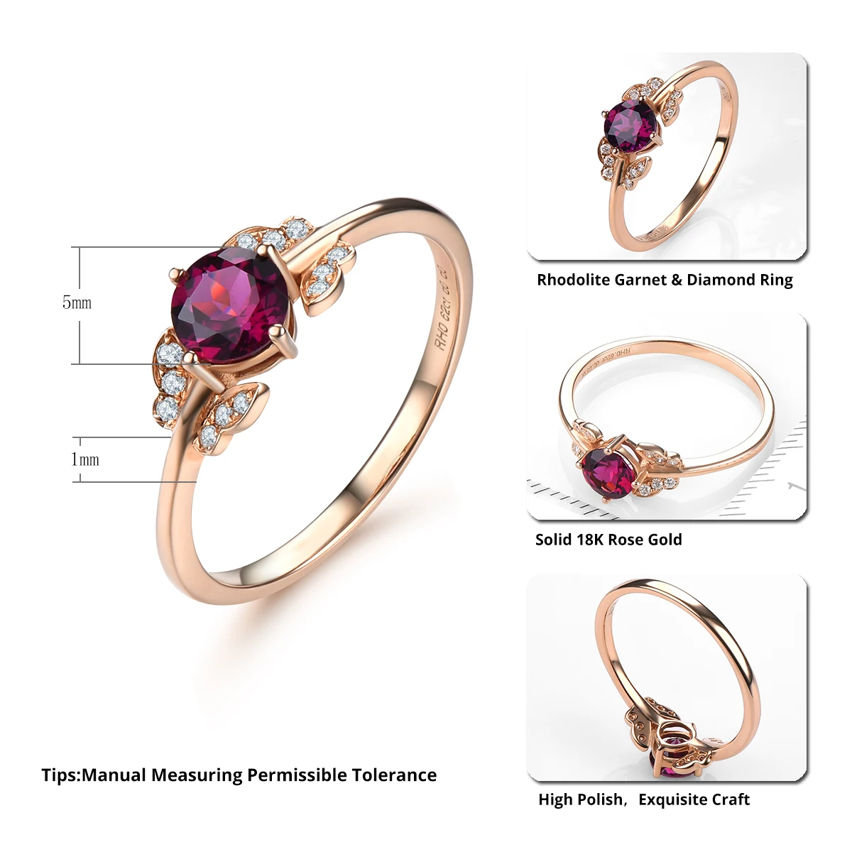 LP 0.62 Carats Natural Rhodolite Garnet Ring Solid 18K Rose Gold Rings Romantic Style Fine Jewelry for Women's Birthday Gift