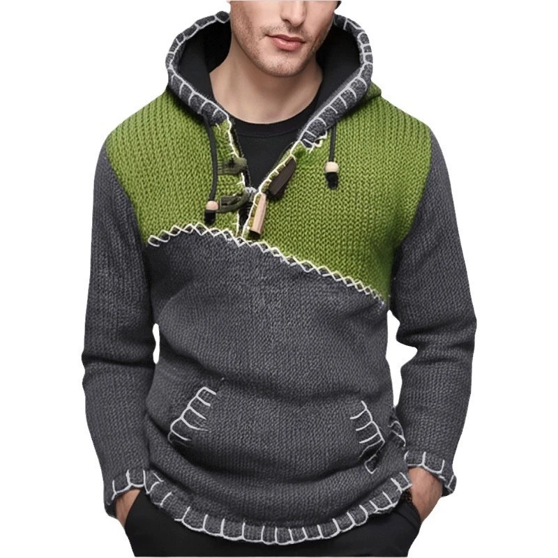

Men's fashion long sleeved elegant fashion contrasting color knitted sweater casual handmade crochet hooded pullover sweater