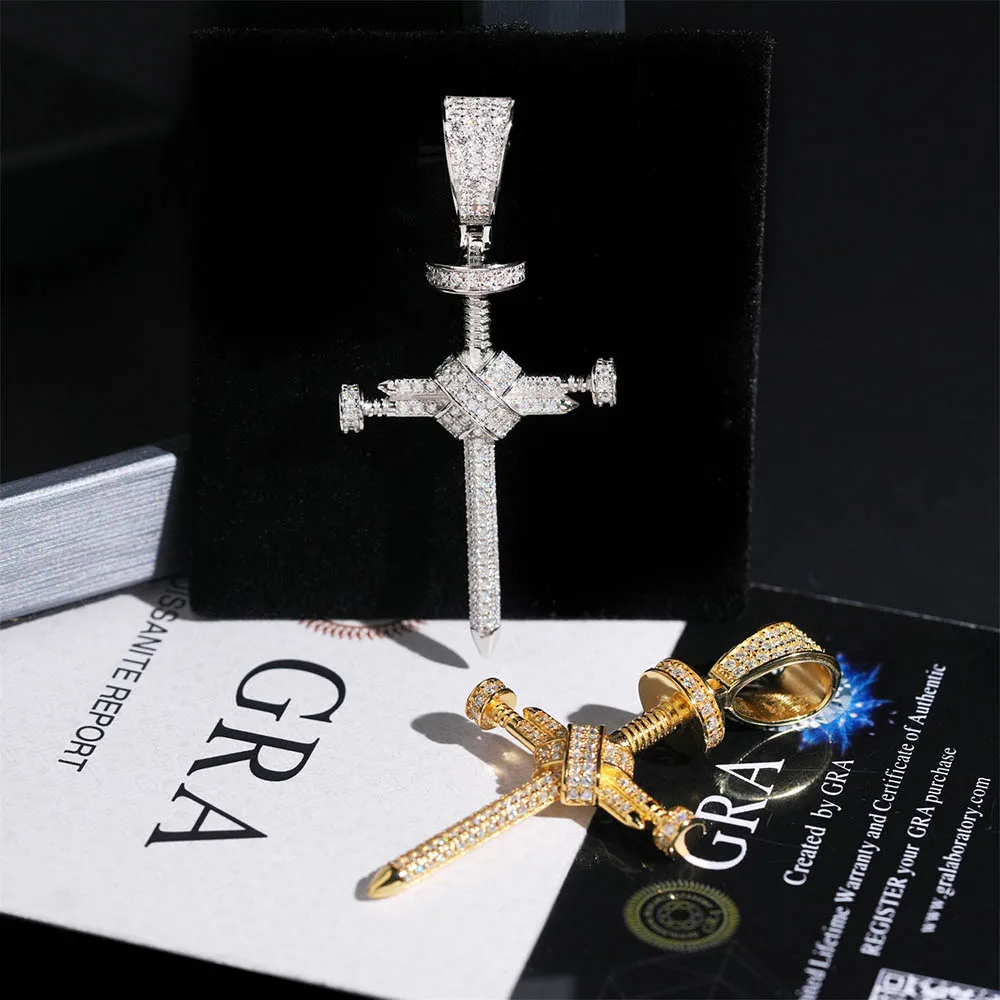 925 Sterling Silver Iced Moissanite Nail Cross Pendant Plated Yellow Gold Hiphop Rock Women Men Jewelry Pass Diamond Tester Gra