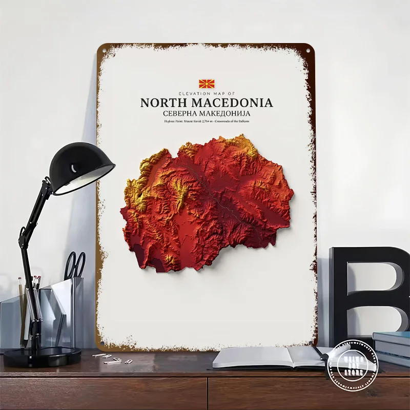 Elevation Map of North Macedonia 3D Texture Printed Poster Custom Vintage Metal Tin Plate Sign for Wall Art Garage Decorations