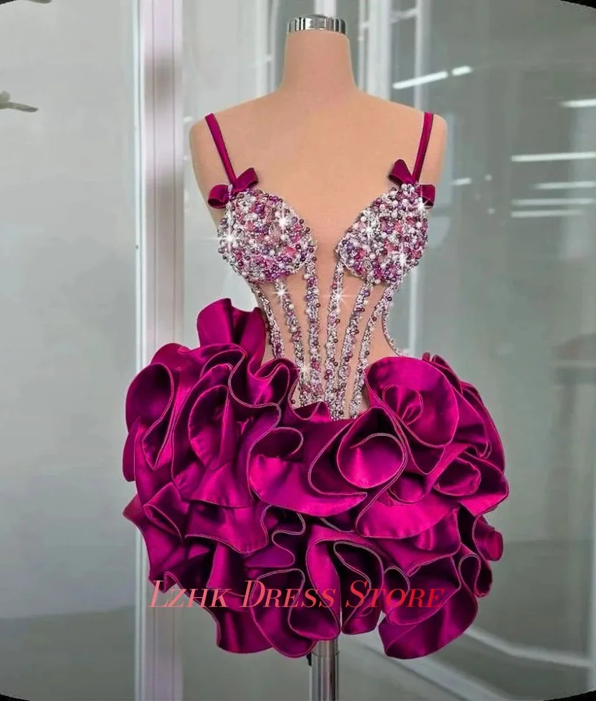 تخصيص فاخر مطرزة الديكور اللؤلؤ كريستال الكشكشة 3D القوس مساء اللباس مثير الحبيب أكمام بعد حزب اللباس