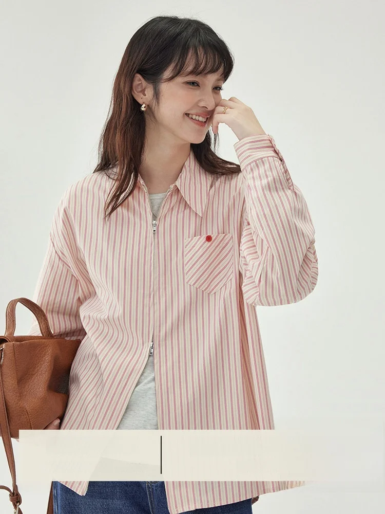 

AMUU Original Pink Vertical Striped Double Zipper Long Sve Cotton irt Women's Spring New Sle Loose Fit Outerwear Top