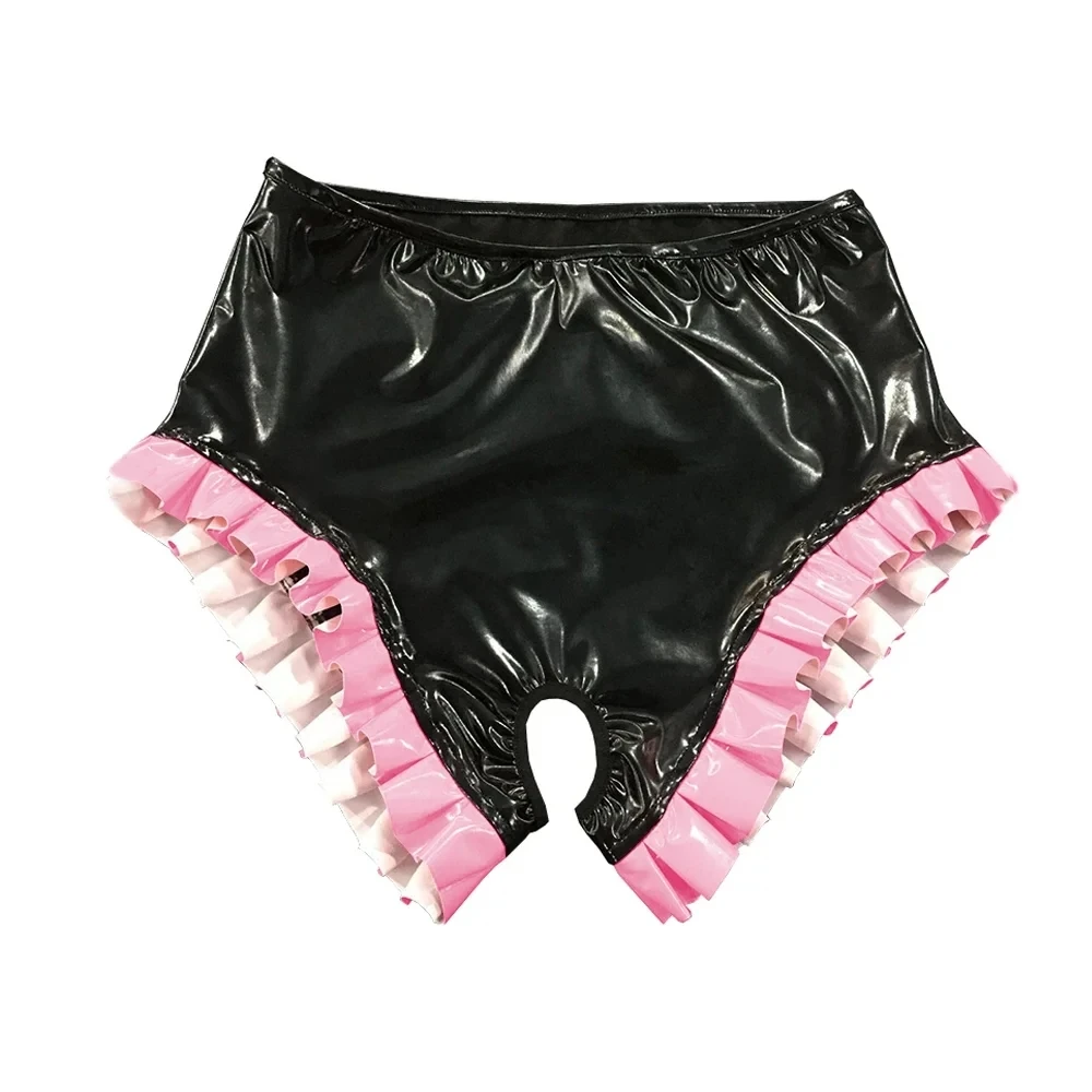 

Colored PVC Leg Pleats with Open Sexy Triangle Shorts That Can Be Customized in Multiple Colors