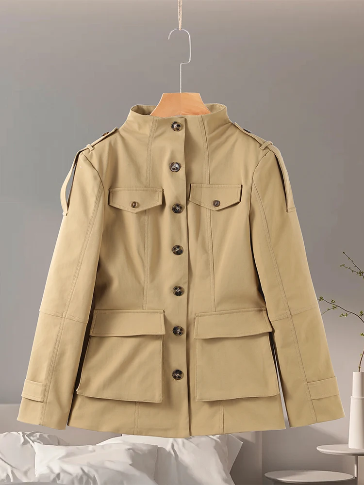 

Office Women's Jacket Long Sleeve Stand Collar Single Breasted Big Pockets Slim Khaki Jacket Female 2026 Spring New Lady Outwear