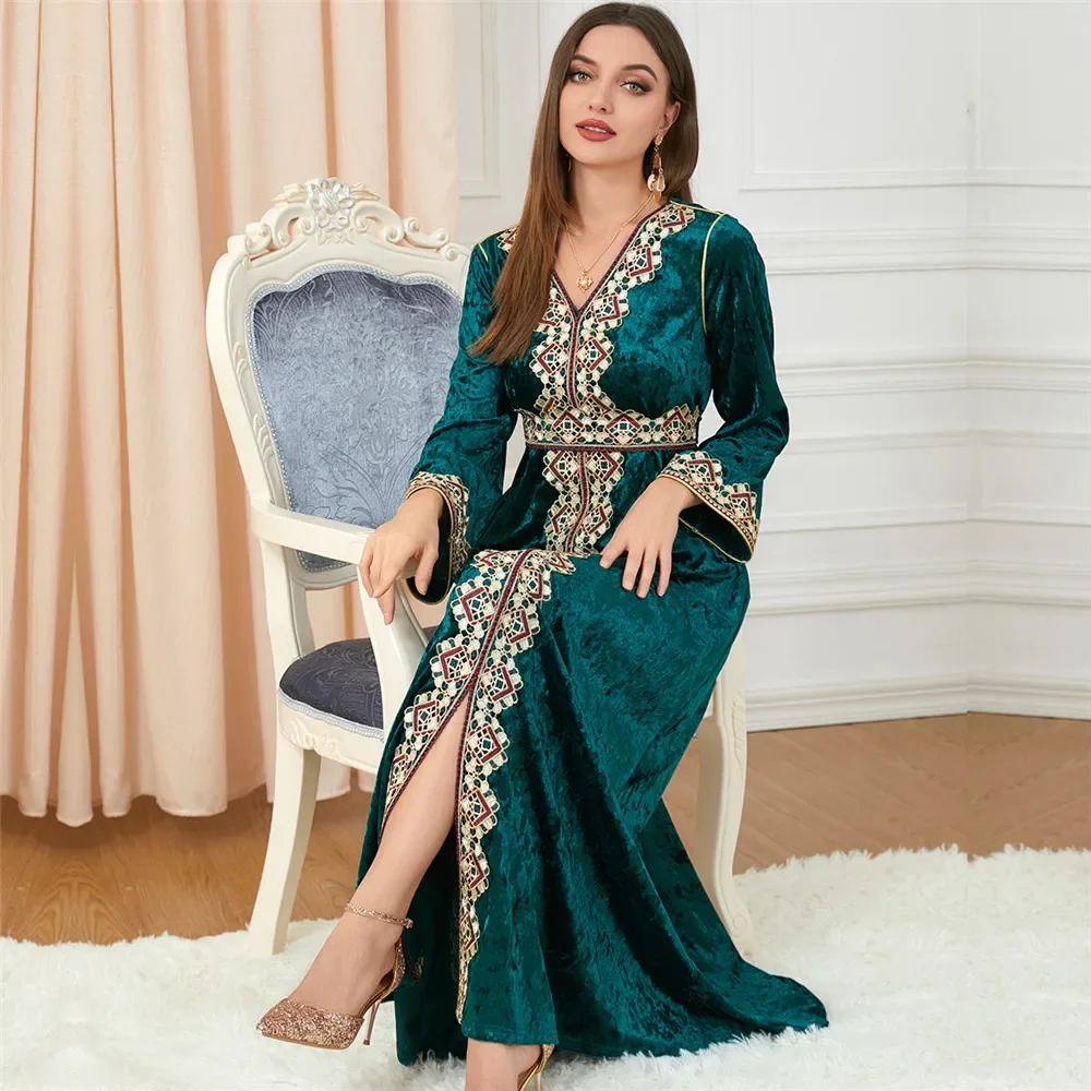 

New Velvet Embroidered Women Maxi Dress Dubai Turkey Abaya Winter Autumn Evening Party Gown Muslim Kaftan Islamic Clothing Robe