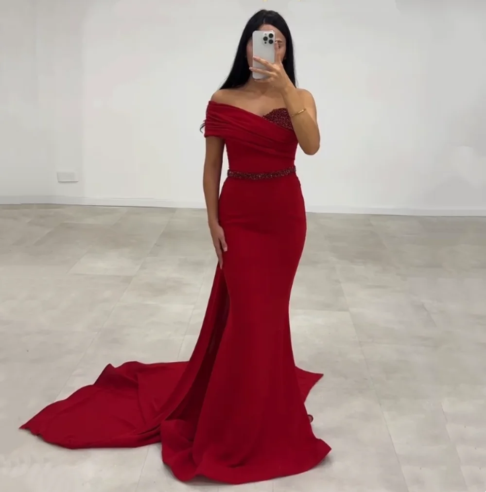 

Индивидуальный трикотаж со складками и бисером на одно плечо, шикарная русалка длиной до пола, на заказ, для женщин, роскошный вечер, изысканная вечеринка