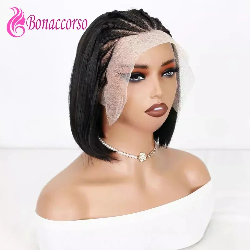 Short Straight Braiding Bob Wig 13x4 Lace Front Synthetic Braided Wig For Women 100% Hand Weaving Transparent Lace Wig Daily Use