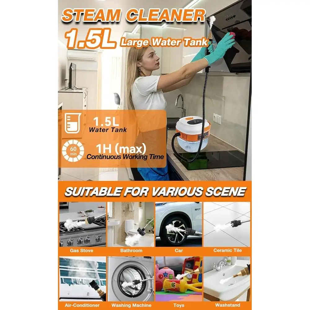 Handheld Steam Cleaner Touch Screen 1.5L Large Tank Portable High Pressure 6 Gear Adjustable Steam Cleaner Deep Cleaning Hard