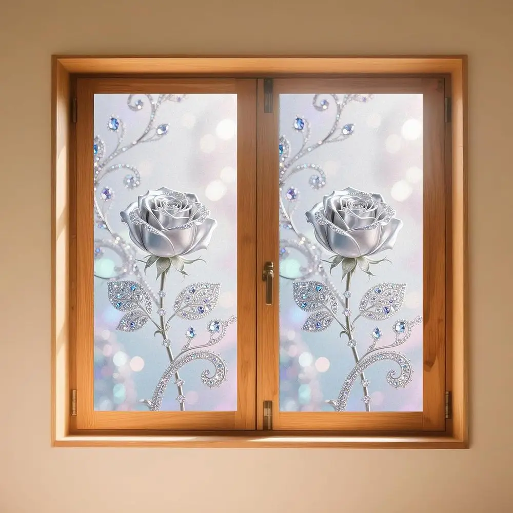 

Витражная оконная пленка, дизайн серебряной розы, 17,7x39,3 дюйма, оконная пленка для конфиденциальности, витражные наклейки, статическая липкая солнцезащитная пленка, декор f