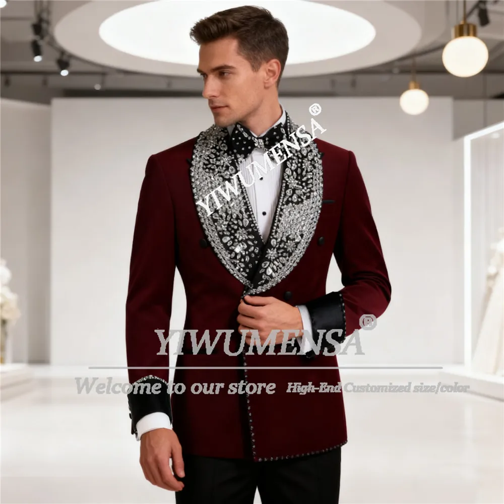 

Luxury Diamond Beaded Suit Attire For Men Double Breasted Groom Blazers Customized 2 Pieces Man Business Outfit Wedding Tuxedos