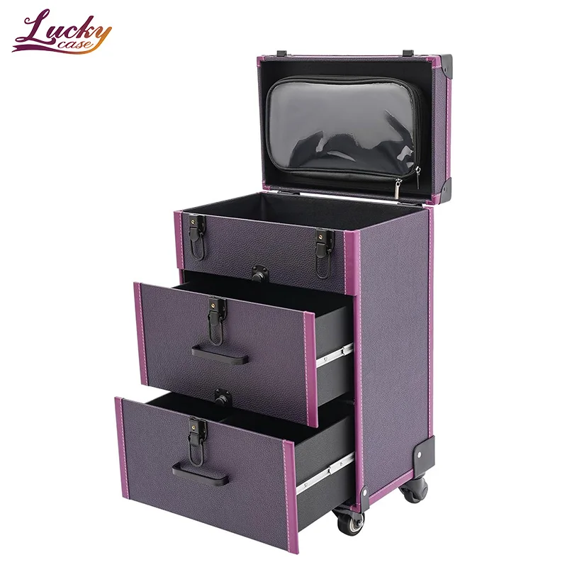 

3-Tier Lockable Multi-Functional Cosmetic Suitcase Large Capacity Cosmetics Rolling Organizer for Barber Nail Salon Beauty Salon
