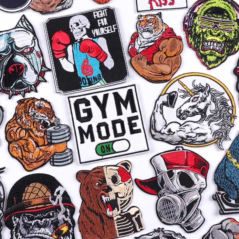 GYM MODE Embroidery Patch Iron On Patches For Clothing Thermoadhesive Patches For Jackets Clothes DIY Punk Animal Fusible Patch