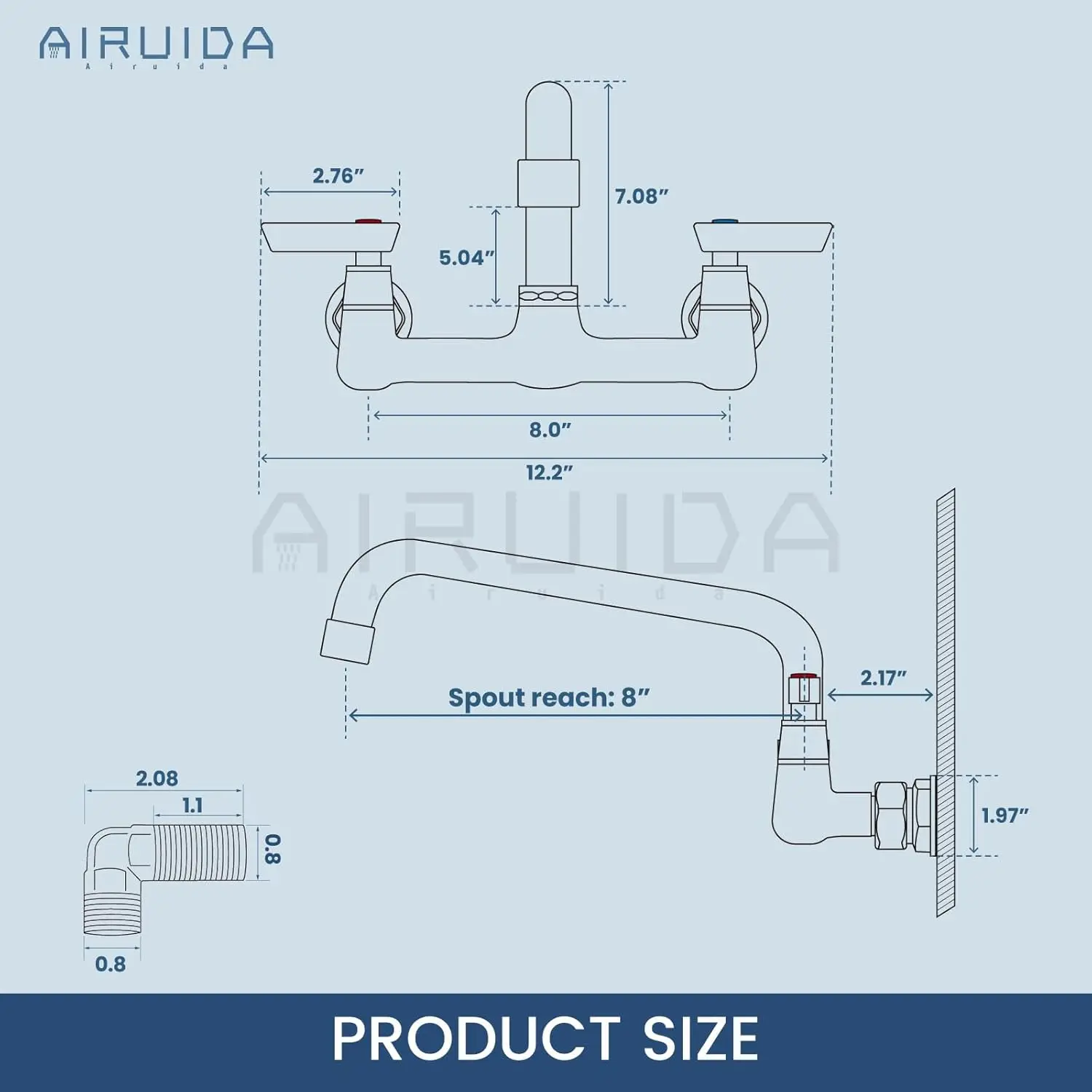 صنبور مطبخ مثبت على الحائط بمقبضين، مركز 8 بوصات، كروم، فوهة دوارة مع محولات