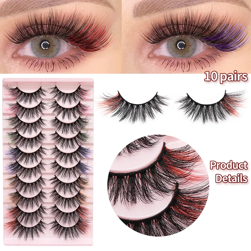 DINGSEN 10 Paar MIX Farbige DD-Curl-Wimpern für Make-up, Kunstnerz-Wimpern, Vollstreifen-Wimpern, Rot, Blau, Grün – Detail 2