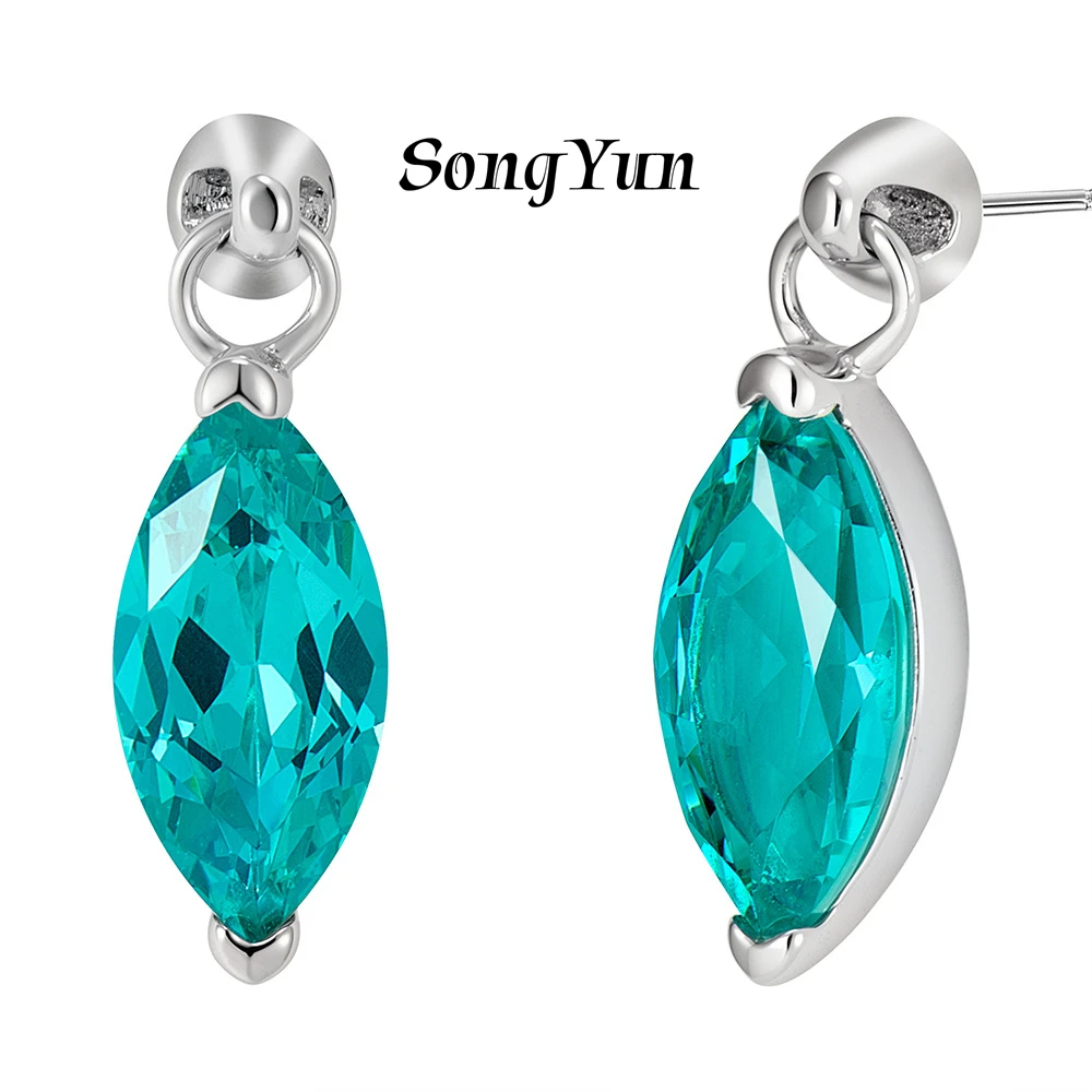 SONGYUN High Carbon Gemstones JewelryS925 Sterling Silver Marquise Simulated Diamond Dangle Stud Earrings, Paraiba‑Tone Grossula