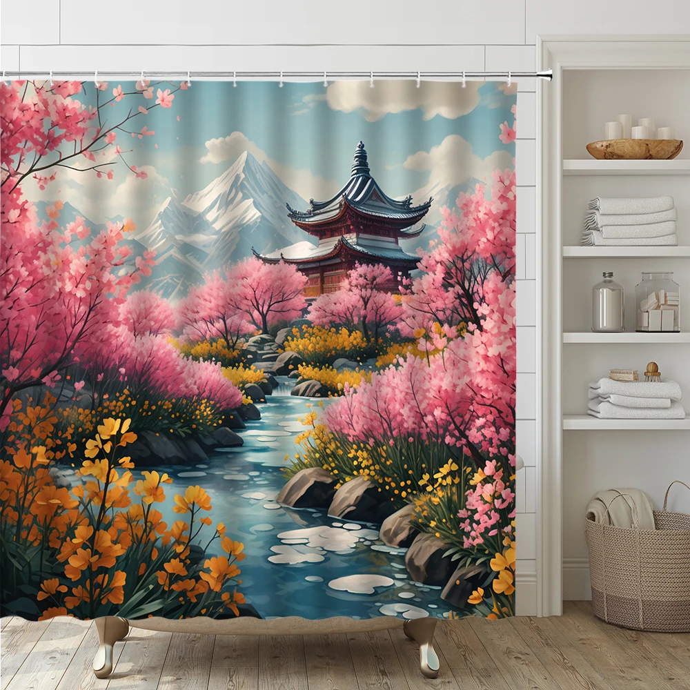 Floral Garden Scenery Shower Curtain Set Park Flower Mountain Bathroom Curtain Non-Slip Rug Toilet Cover Bath Mats Home Decor