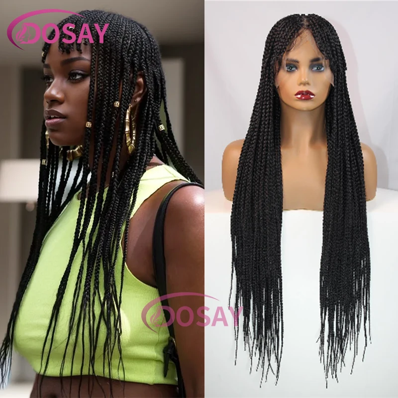 Full Lace Synthetic Goddess Braid Wig 32 Inch Knotless Box Braids Wig With Bangs Glueless Cornrow Crochet Faux Locs Braids Wigs