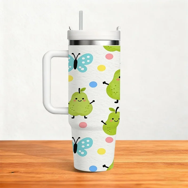 Playful Smiling Pear & Blue Butterfly Print 40oz Stainless Steel Insulated Tumbler, Digital Printed Leakproof Drink Cup with Whimsical Polka Dot Pattern, Ideal for Daily Hydration, Outdoor Commutes & Office Use