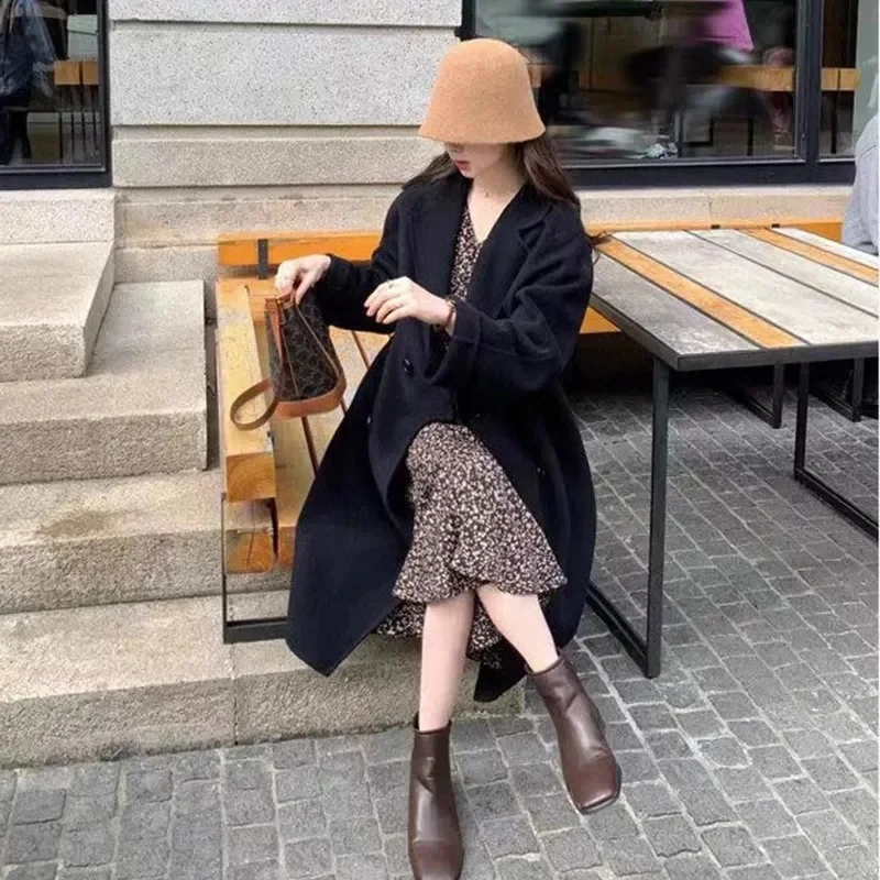 2025 Winter Korean Handmade Double Breasted Long 100% Wool Coat Women Casual Loose Lacing Belt Woolen Overcoat Oversized