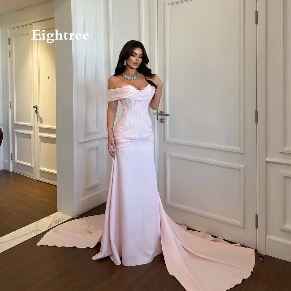 Eightree Pink Mermaid Prom Dresses Off‑the‑Shoulder Short Sleeve Evening Dress Corset Twist Knot Train Party Gowns Customizd