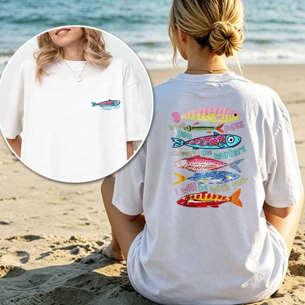 Christian Marine Fish Pattern Shirt For Teen Girl Bible Verse Beach Tee Summer Casual Tops Isaiah Ocean Fish Printing Tees