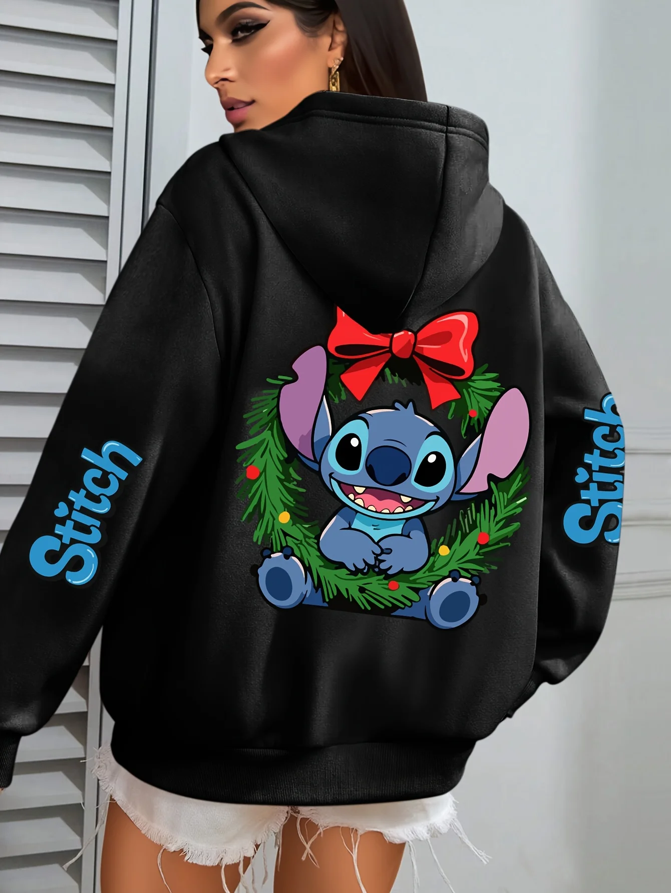 

Женские рождественские толстовки с капюшоном Disney Stitch, уличная одежда большого размера, толстовки унисекс, осенне-зимние флисовые повседневные универсальные