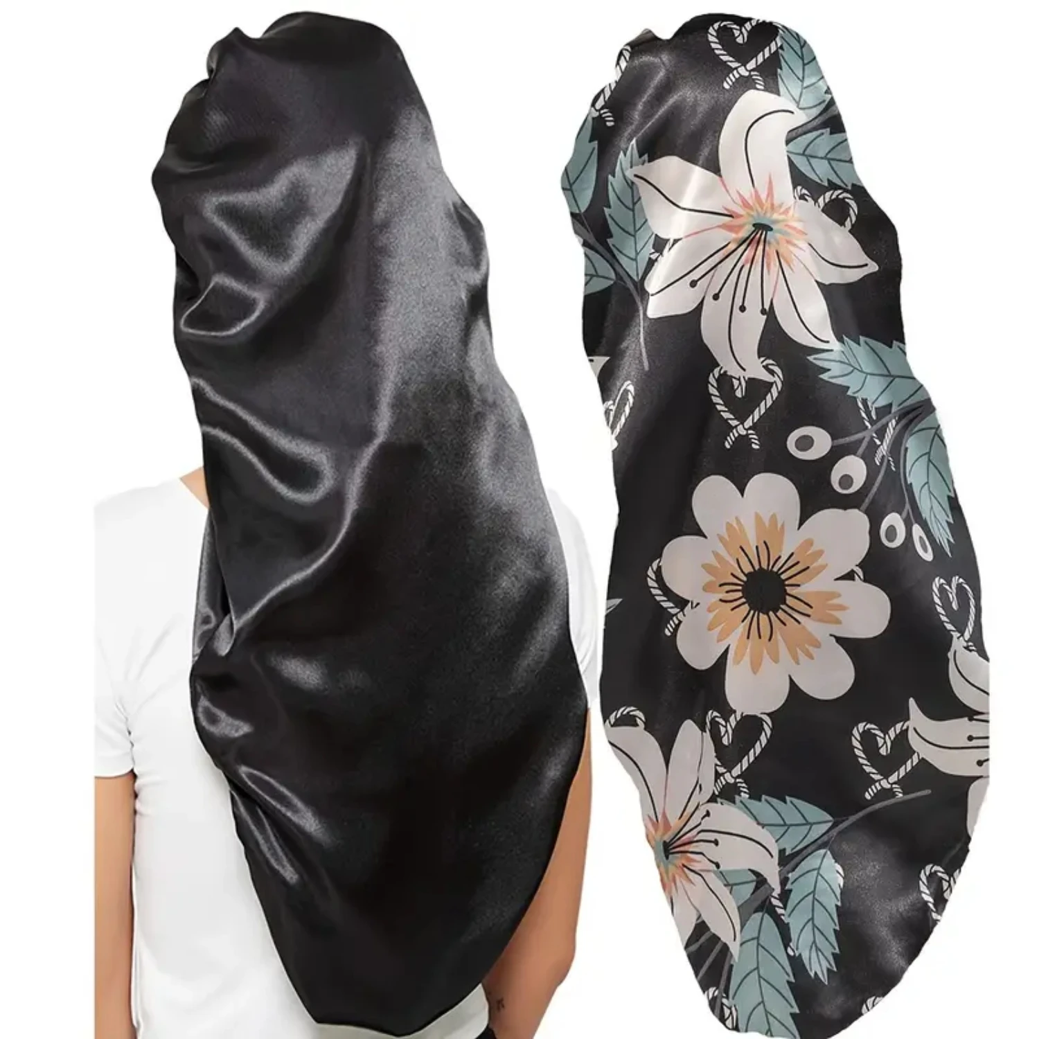 

Luxurious Black Satin Hair Bonnets - Premium Comfort - Stylish Design - Set of 2 Large Band Braids Bonnets - High-End Protection
