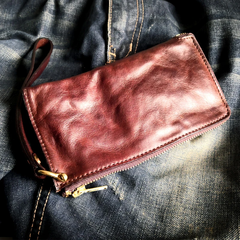 AETOO Vertikale Reißverschluss-Leder-Geldbörse für Herren, Hauptschicht, Rindsleder, dünner Stil, Retro, lässig, alte Falte, Jugend, langer Stil, Clutch-Tasche