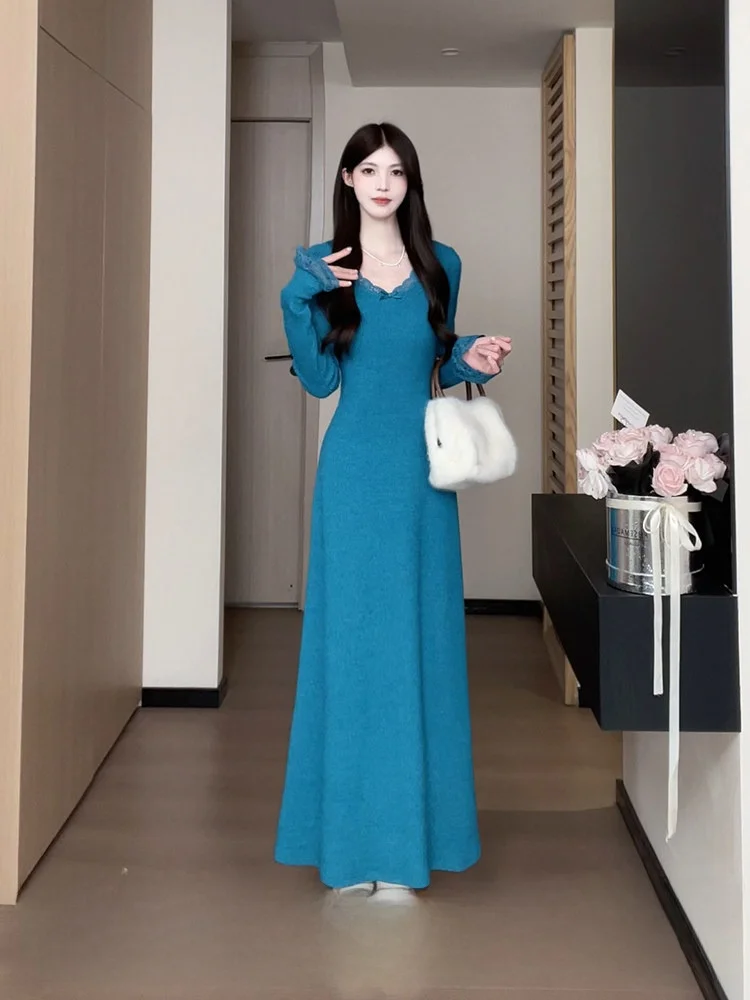 

Женское модное платье Pure Desire с кружевными вставками, длинными рукавами, V-образным вырезом, облегающее, цвета морской волны, с высокой талией, А-силуэт, юбка-трапеция