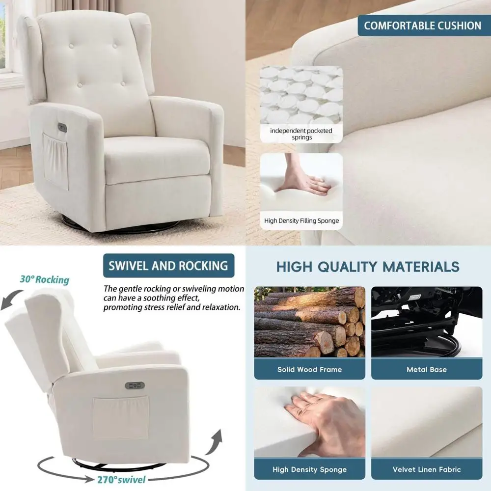 Upholstered Fabric Swivel Rocking Recliner with Electric Nursery Glider and Dual Charging Ports