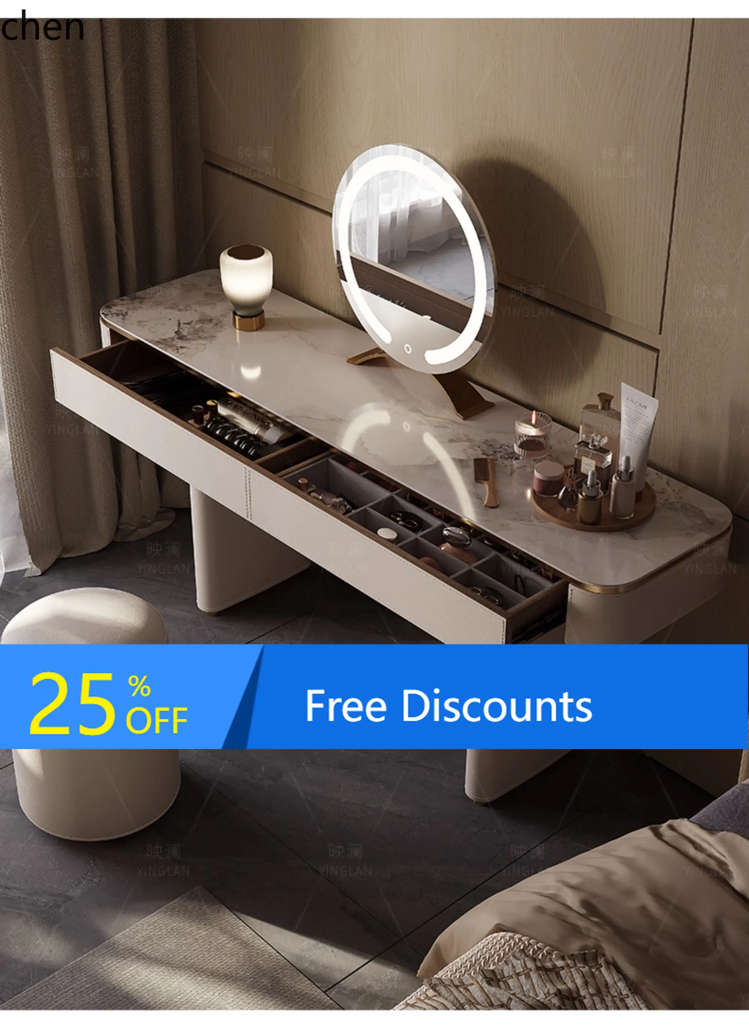 

BF Light Luxury Dressing Table with Rock Slab and Solid Wood Saddle Leather Desk Dressing Table Combo