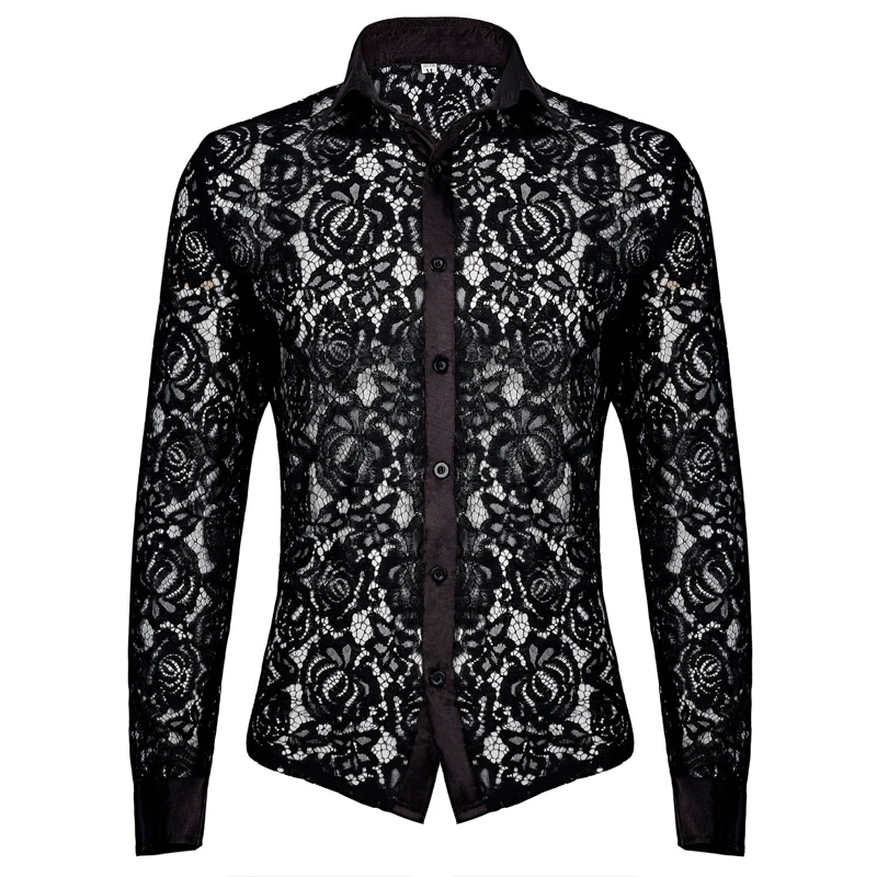 2024 Spring Long Sleeve See Through Mens Shirt Sexy Floral Embroidery Mesh Lace Shirts Tops Men Streetwear Fashion Slim Cardigan