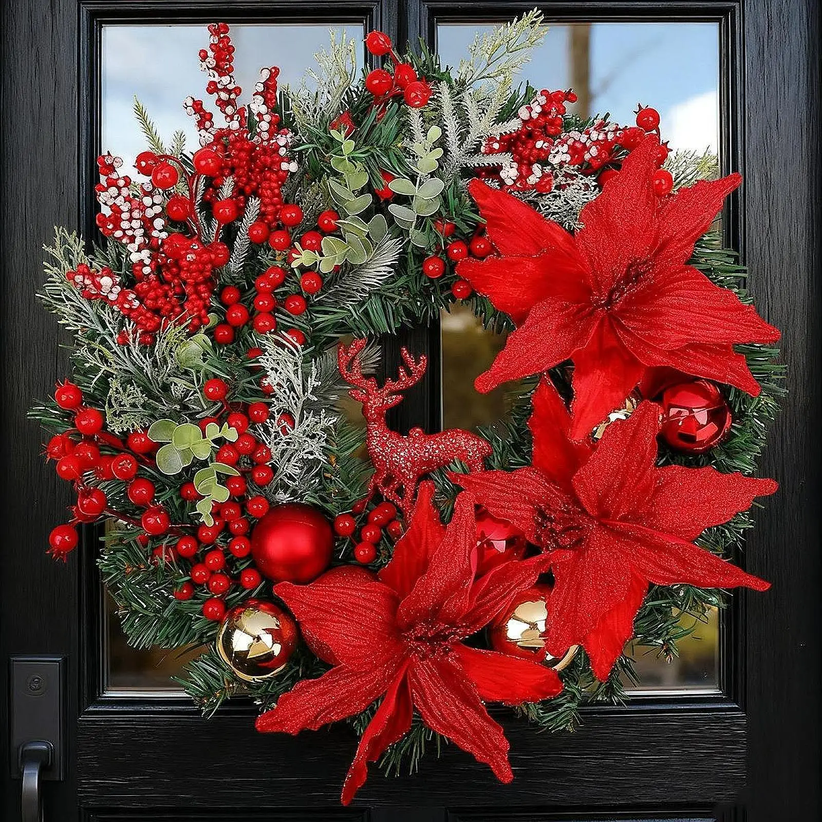 

Christmas Wreath Winter Wreath Reusable Hanging Ornament Lifelike Xmas Decor Golden Ball for Home Festival Farmhouse Window