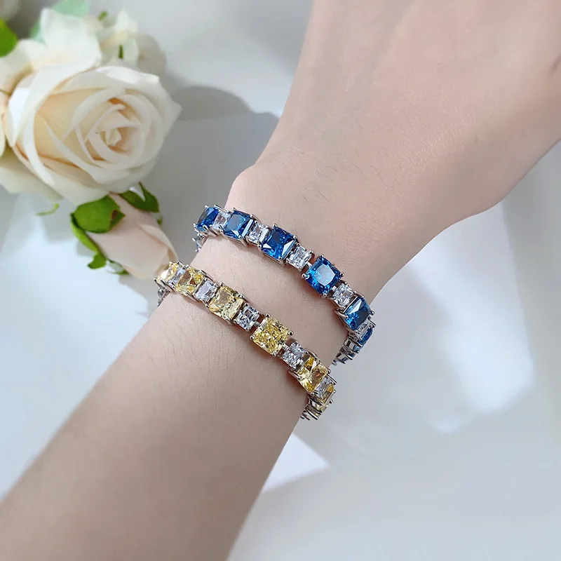 S925 Silver Bracelet Zircon 7 * 7 Ice Flower Yellow Diamond Bracelet Women\'s Style Bracelet Jewelry