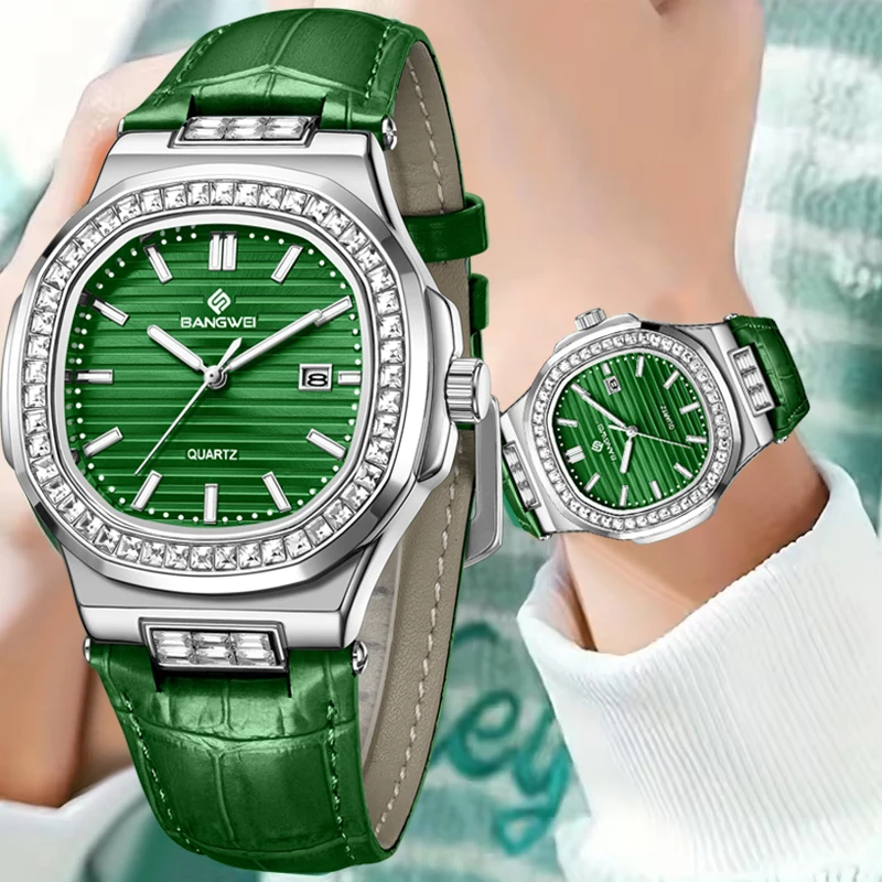BANGWEI LIGE Elegant Women's Bracelet Watch Simple Green Leather Waterproof Quartz Square Chronograph Wrist Watches For Women