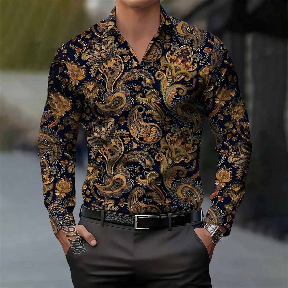 ヴィンテージメンズペイズリーカシミアフラワー長袖シャツプリントカジュアルエレガントファッション快適な高品質メンズラペルトップ