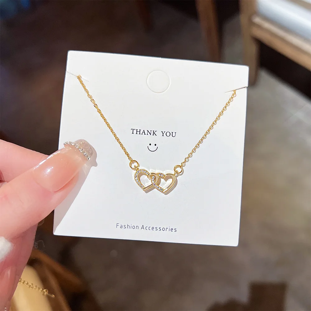 Stainless Steel Chain Gold Color Romantic Zircon Double Heart Pendant Necklaces for Women Girls Delicate Accessories Gifts