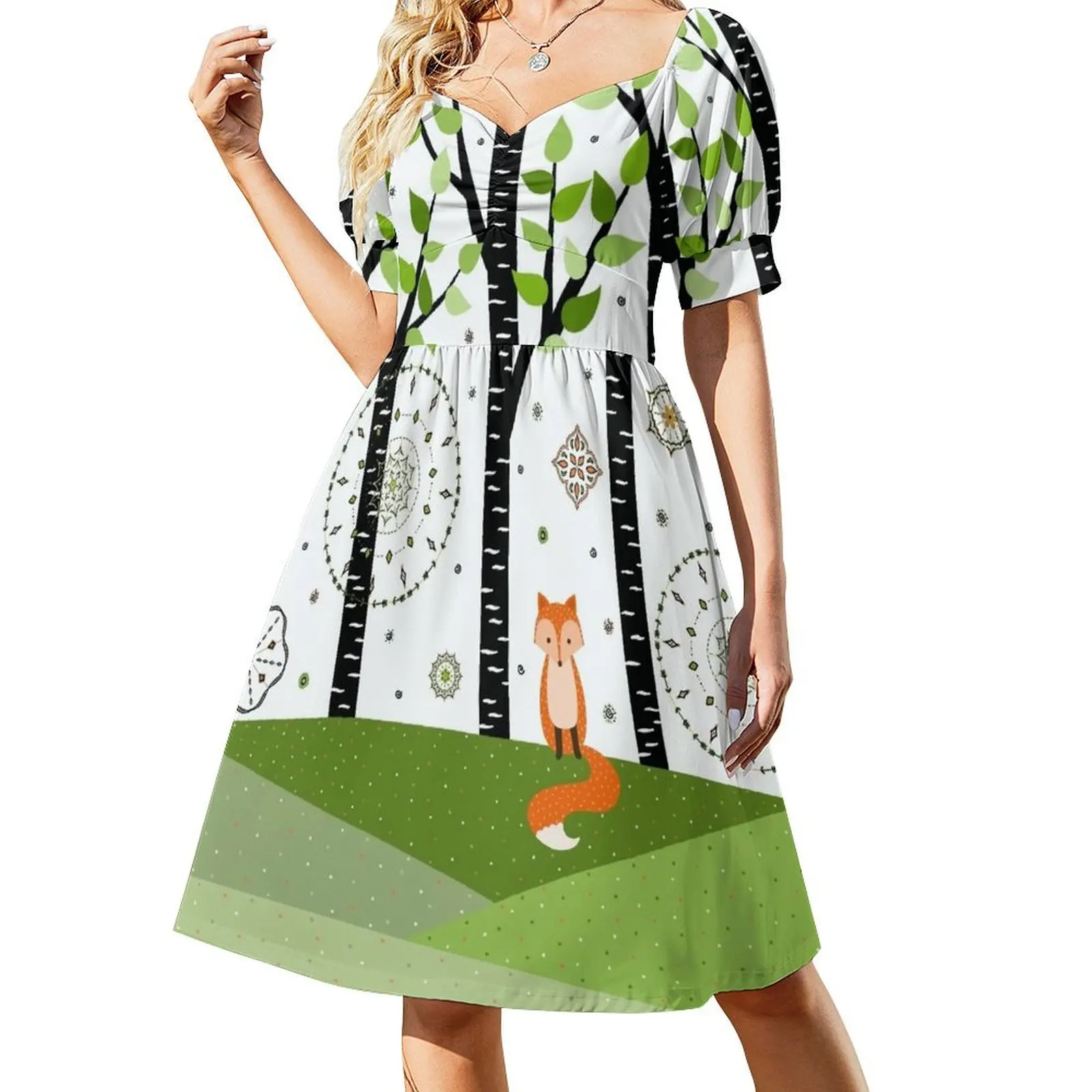 

Fox - Birch Trees - Green Short Sleeved Dress luxury woman party dress Clothing female Summer skirt Dress