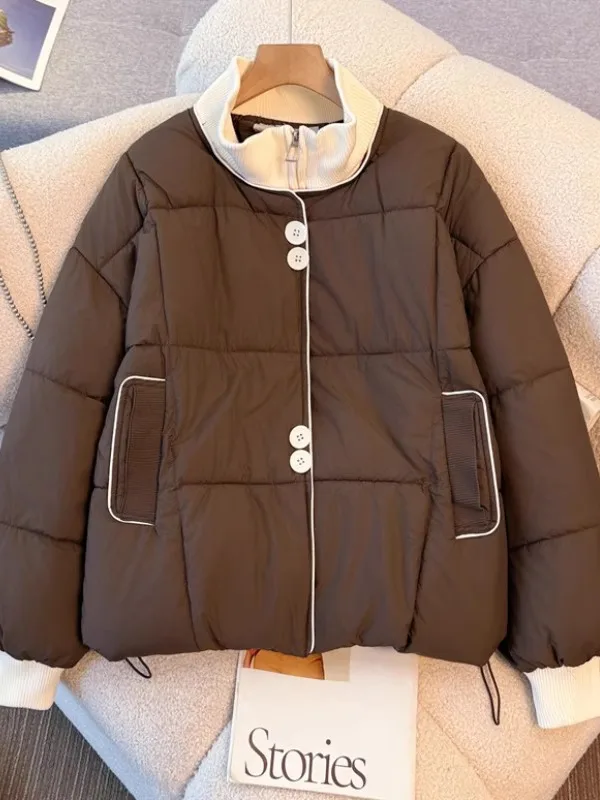 

Short Quilted Jacket Women's Brown down Cotton Coat Shoulder Length Korean Style plus Size Warm Comfortable Winter Outerwear