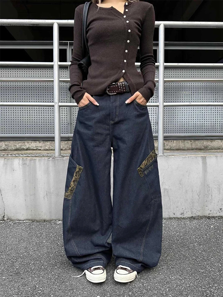 

American Retro Leopard Patchwork Wide Leg Jeans Women's High Waist Loose Long Jeans Pants Autumn Fashion Streetwear