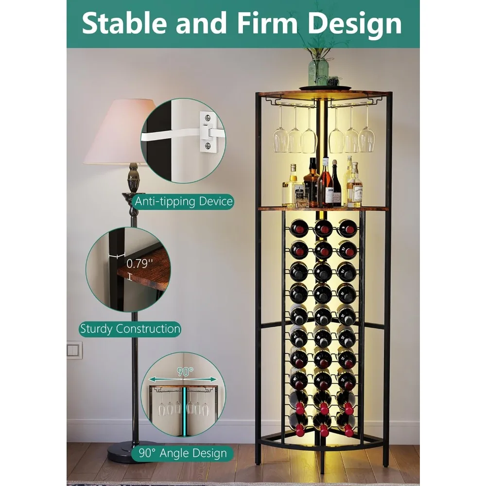 ชั้นวางไวน์แบบมุมพร้อมไฟ LED, ชั้นวางไวน์ 30 ขวด, ตู้บาร์แบบตั้งพื้นมุมพร้อมที่วางแก้วและชั้นเก็บของ