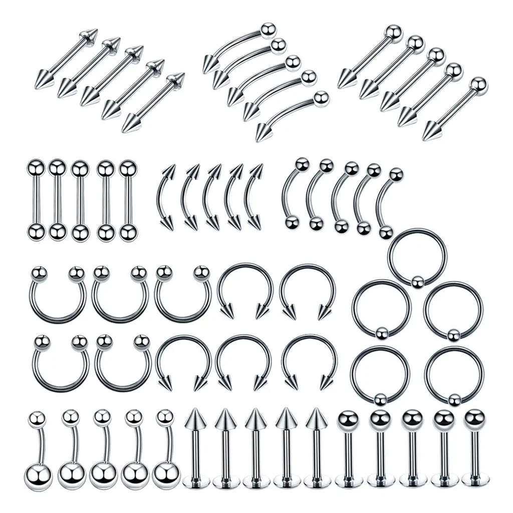 60 Pieces Silver Stainless Steel 14/16G Body Jewelry Piercing Set Eyebrow Navel