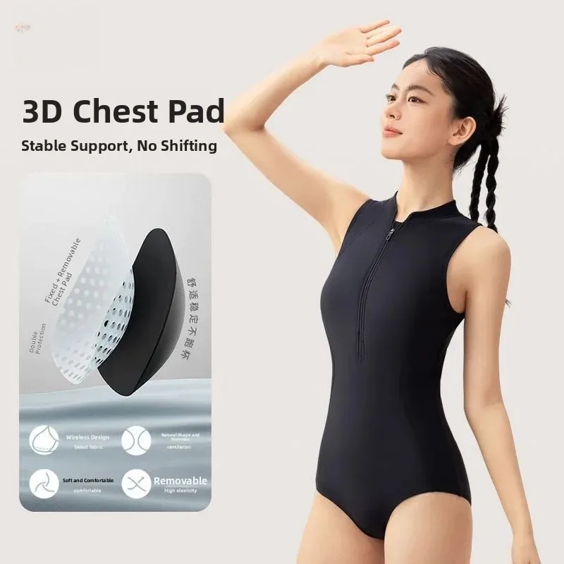 Professional Competitive One-Piece Swimsuit Women's Sleeveless Zipper Quick Dry Swimming Costume 361° Sports Fitness Swimwear